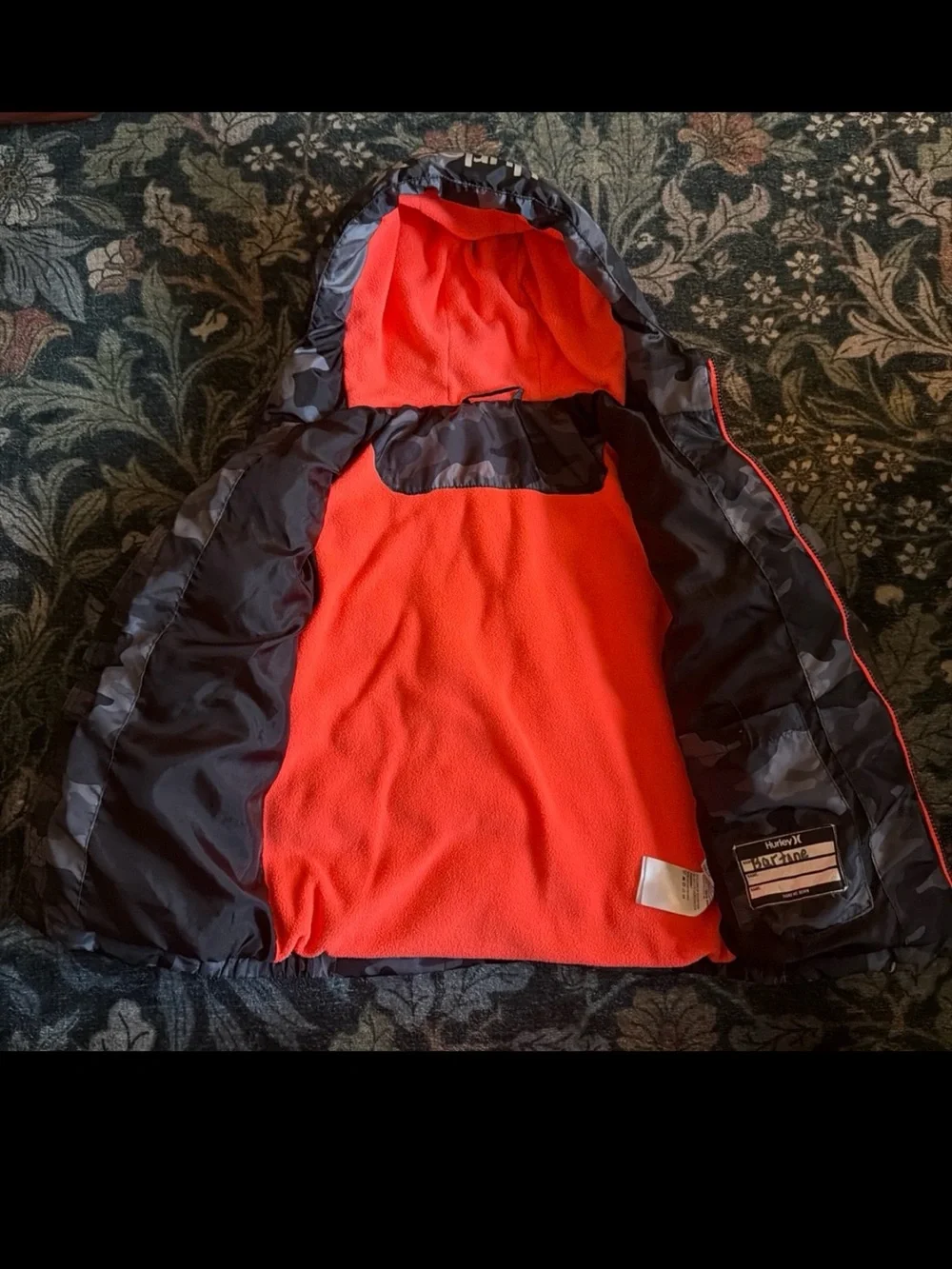 Hurley Kids' Gray & Black Camo Puffer Jacket with Orange Lining